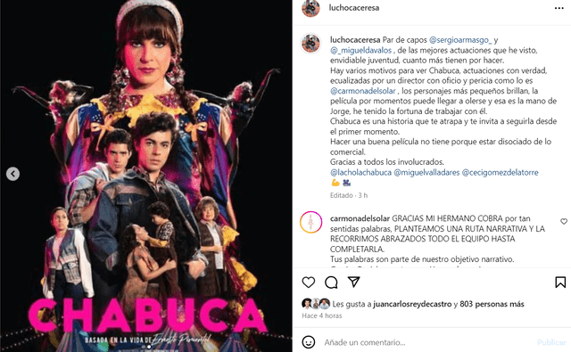 Lucho Cáceres y su publicación sobre la película 'Chabuca'. 