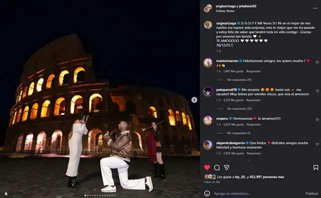 Pedida de mano que le hizo Jota a Angie en Roma. Foto: Instagram.   