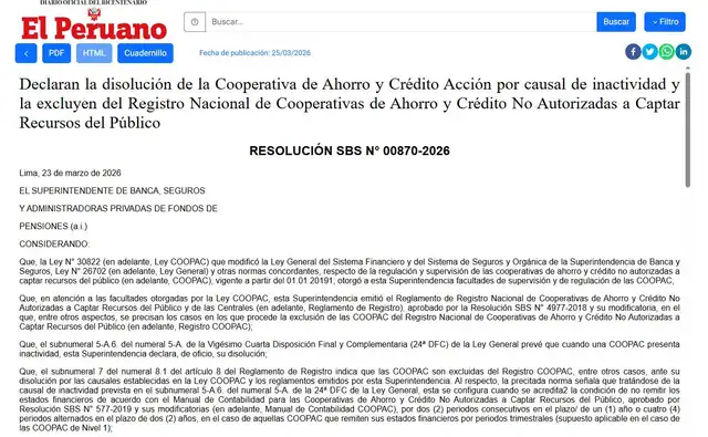 SBS anunció el cierre de la Cooperativa de Ahorro y Crédito Acción