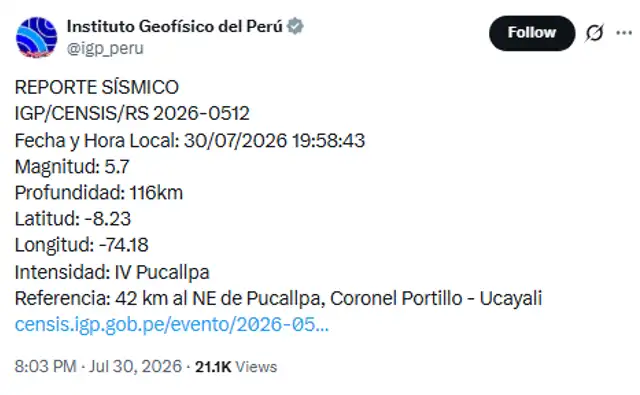 IGP informó sobre nuevo sismo en Ucayali. IGP informó sobre nuevo sismo en Ucayali.