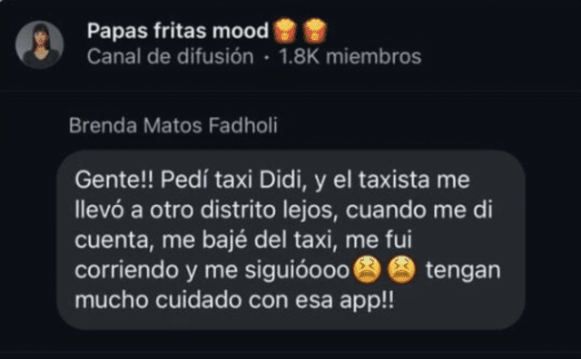 Brenda Matos hace denuncia a taxi por aplicativo.