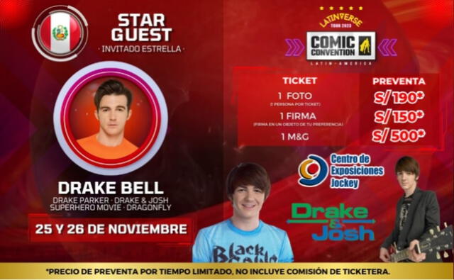 Estos son los precios para conocer a Drake Bell en Perú. 