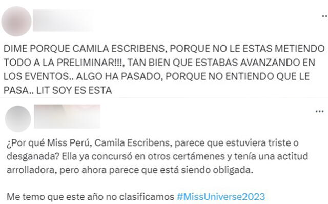 Usuarios se mostraron preocupados por el desenvolvimiento de Camila Escribens en el Miss Universo 2023.