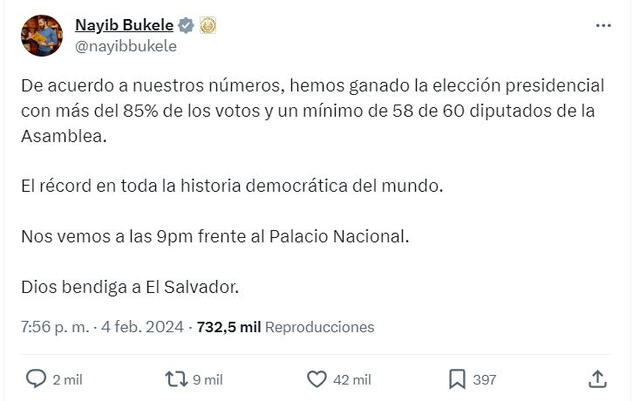 Mensaje de Nayib Bukele tras salir reelegido como presidente de El Salvador.   
