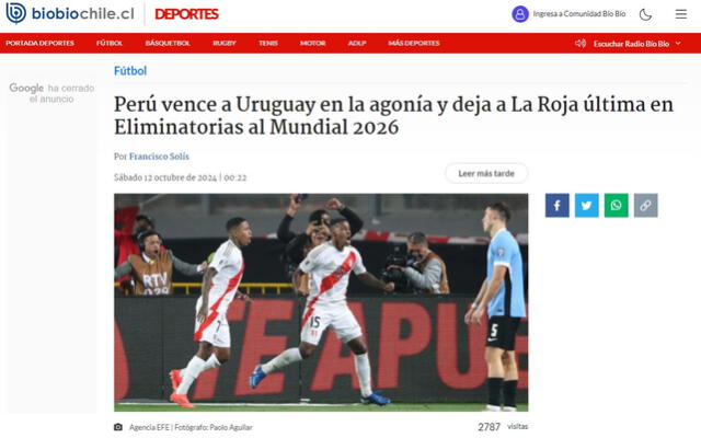 Prensa chilena sobre el triunfo de Perú sobre Uruguay