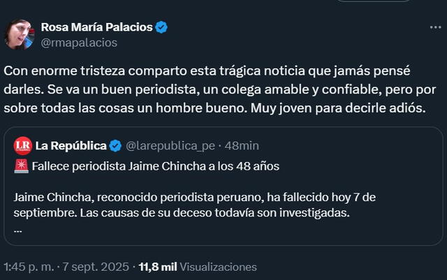 <strong> Rosa María Palacios, colega de Jaime Chincha, envió sus condolencias</strong> <strong> Rosa María Palacios, colega de Jaime Chincha, envió sus condolencias</strong>