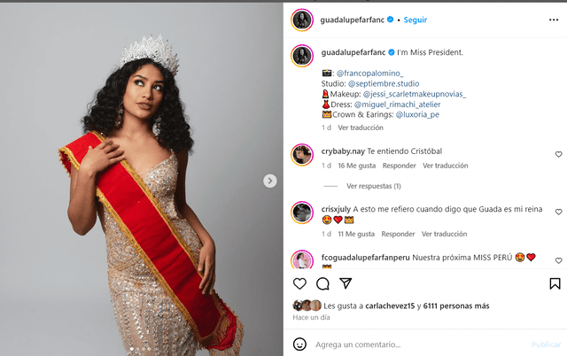 ¿Guadalupe Farfán al Miss Perú? Actriz de 'AFHS' enciende las redes al posar con corona.   