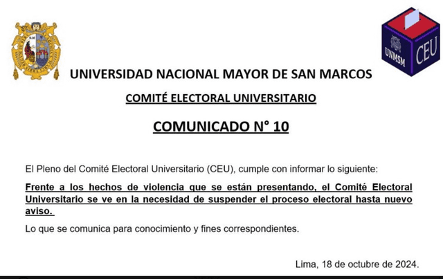 Toma de San Marcos: Comité Electoral suspende las elecciones universitarias hasta nuevo aviso