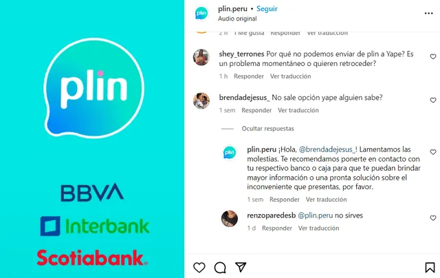 Usuarios reportaron fallas en Plin. / Foto: Instagram.   