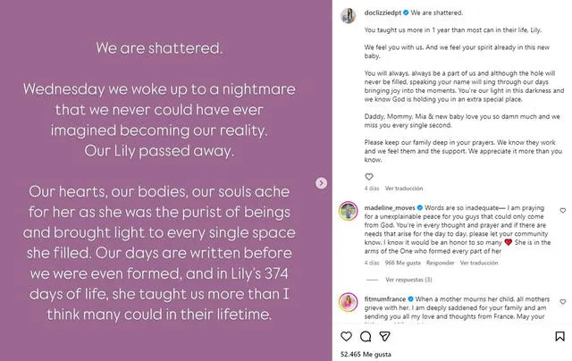 Lizzie Kieffer reveló que su hija de un año falleció. Foto: Instagram Lizzie Kieffer reveló que su hija de un año falleció. Foto: Instagram