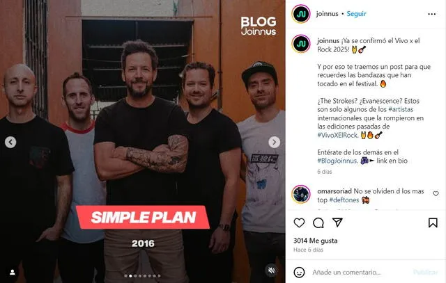 <em>'Simple Plan' en publicación sobre el Vivo x el Rock. Captura: Instagram</em>   