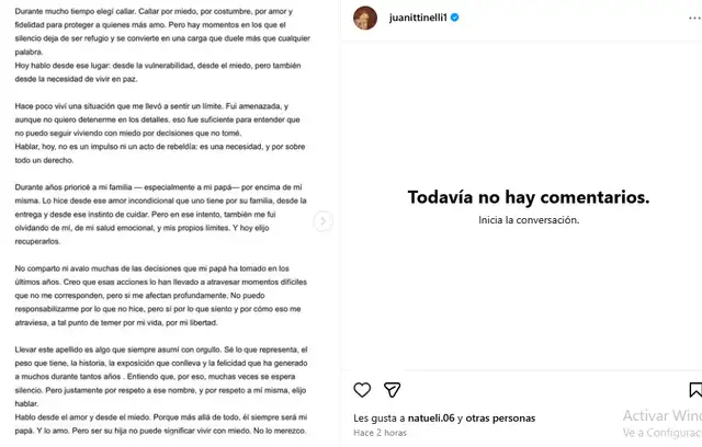 <em>Hija de Marcelo Tinelli decide romper su silencio tras amenazas. Captura: Instagram</em>   