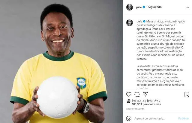 Pelé confirma que le extirparon un tumor en el colon. | FUENTE: Instagram.   