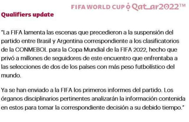 Comunicado de FIFA por el escándalo de Brasil vs. Argentina. | FUENTE: FIFA.com.   