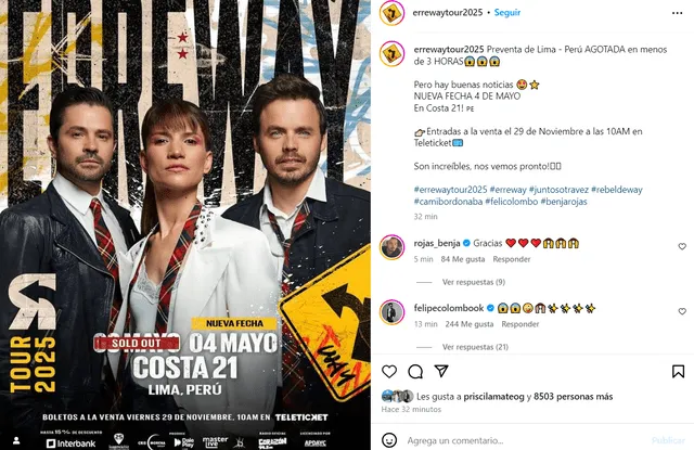 'Erreway' anuncia nueva fecha en Lima tras hacer 'Sold out'.  