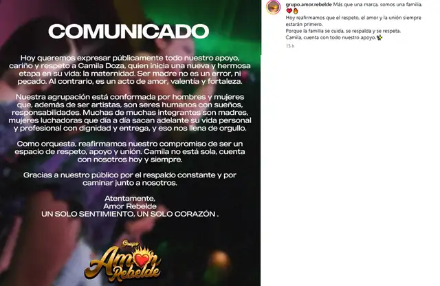 Grupo Amor Rebelde emitió un comunicado tras confirmarse el embarazo.  