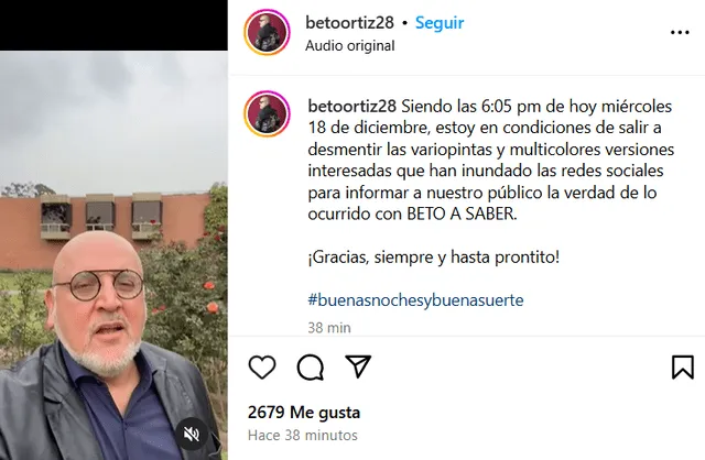 <em>Beto Ortiz explicó su salida de Willax Televisión. Captura: Instagram </em>   