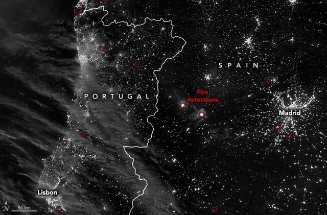  En Portugal, las temperaturas alcanzaron los 45 ºC el 13 de julio en la localidad de Leiria. Crédito: NASA.   