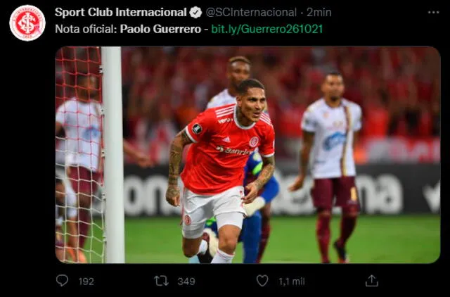 Inter de Porto Alegre comunicó la salida de Paolo Guerrero. | FUENTE: Twitter.   