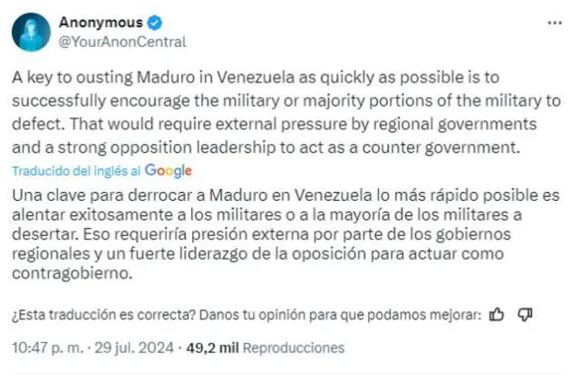 Anonymous insta a la población de Venezuela a alentar a los militares a desertar