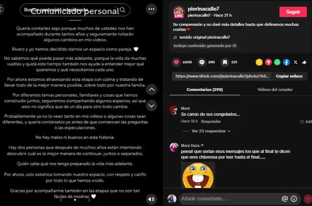 Pierina Calle confirma se dio un espacio con su esposo.