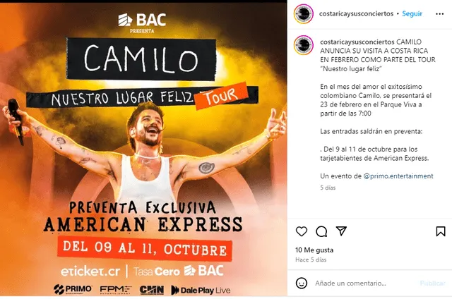 Camilo preventa en Costa Rica.