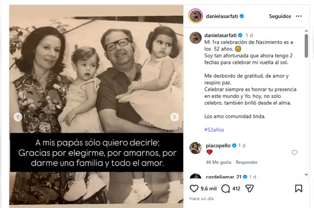 Daniela Sarfati envía emotivas palabras a sus padres quienes la adoptaron desde que era bebé. Foto: Instagram.   