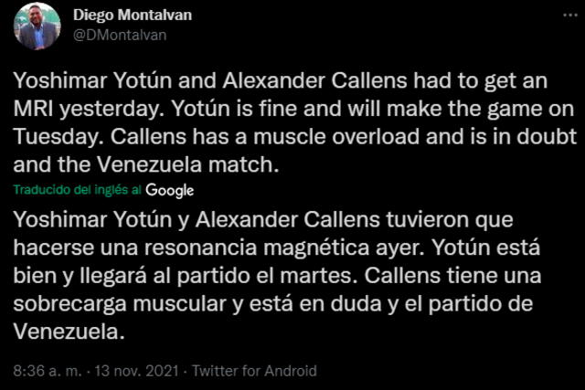 El tuit del periodista Diego Montalván en el que indica la sobrecarga muscular de Alexander Callens. | FUENTE: Twitter.   