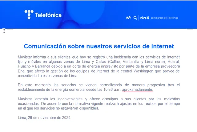  Movistar se pronuncia sobre problemas en su servicio de internet.