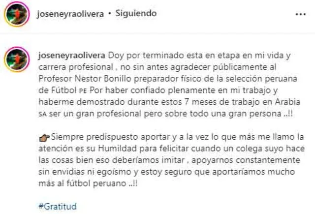El mensaje de José Neyra en sus redes sociales. / FUENTE: Instagram.   