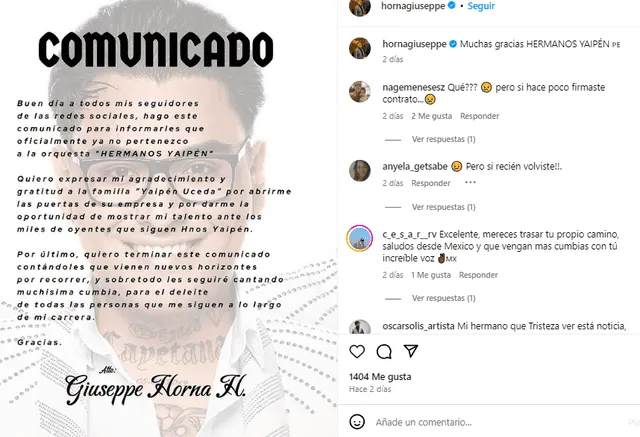 <em>Giuseppe Horna se alejó de nuevo de los Hermanos Yaipén. Captura: Instagram </em>   