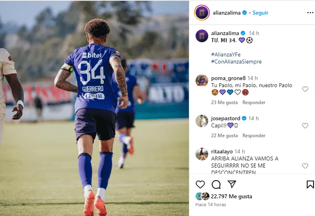 Alianza Lima comparte imagen de Paolo Guerrero tras gol a UTC. Foto: Captura de pantalla/Instagram   