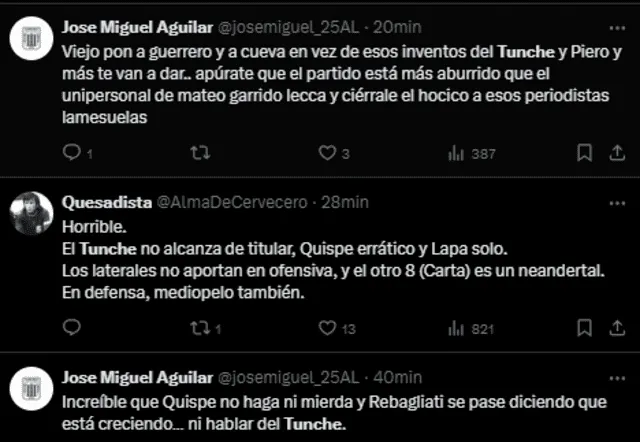 Reacciones en redes sociales tras juego del 'Tunche' Rivera. Foto: X/Captura de pantalla   