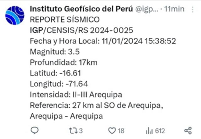 Este es el último sismo registrado en Perú, según IGP.   