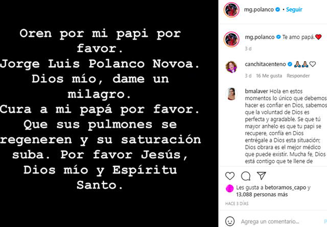 Mensaje de María Grazia Polanco desde Instagram.   