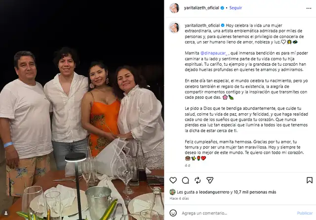 Yarita Lizeth dedica especial mensaje a Dina Paucar por su cumpleaños.