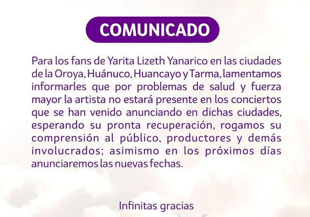  Comunicado de Yarita Lizet. Foto: Instagram   