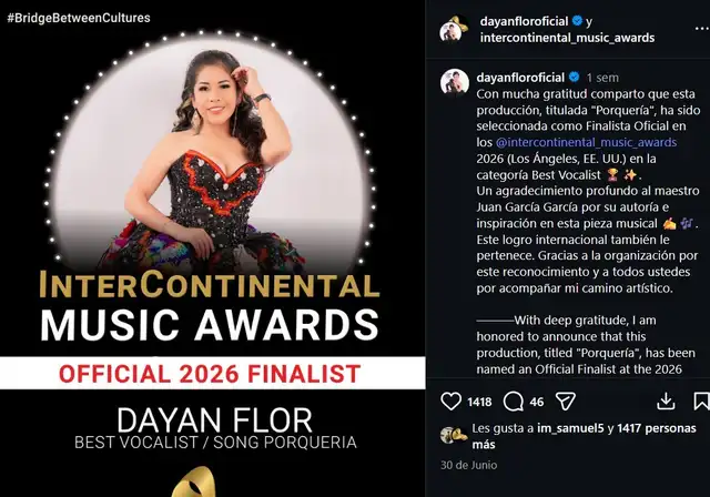 Cantante folclórica Dayan Flor es prenominada a importante premio.