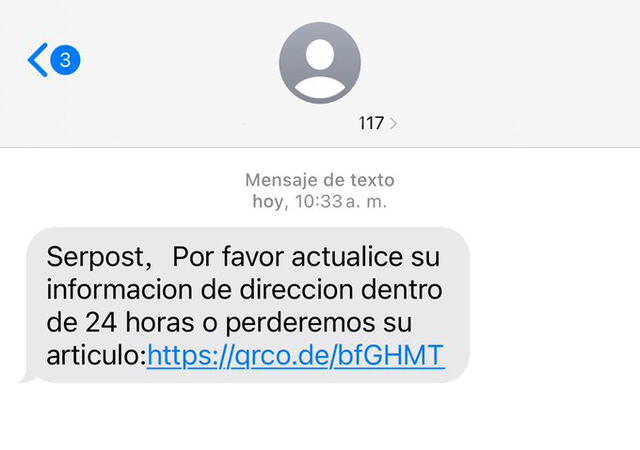 Mensaje fraudulento enviado supuestamente por Serpost.