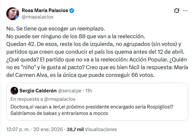 <strong> Rosa María Palacios explica quién podría asumir el cargo de presidencia de darse la censura a José Jerí</strong>   