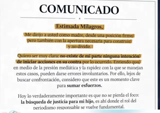 Comunicado de la madre de la víctima de Liceo Naval hacia Milagros Leiva.