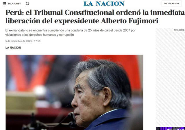 La Nación de Argentina destacó algunos de los delitos por los que fue sentenciado Alberto Fujimori.