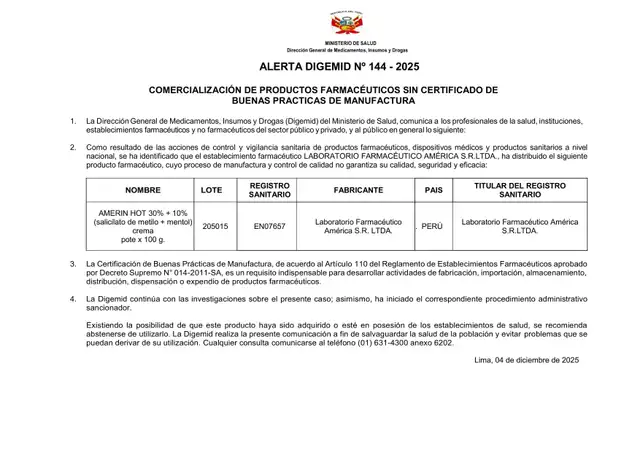 Comunicado de alerta del Digemid. Comunicado de alerta del Digemid.