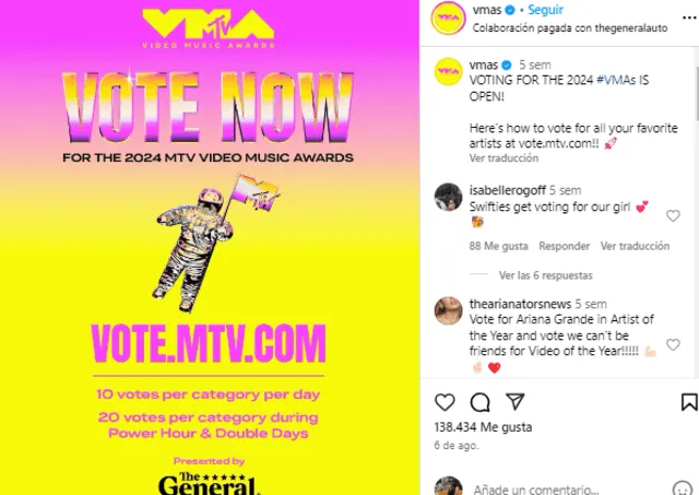 ¿Cómo votar por tu artista favorito en los MTV VMA 2024?