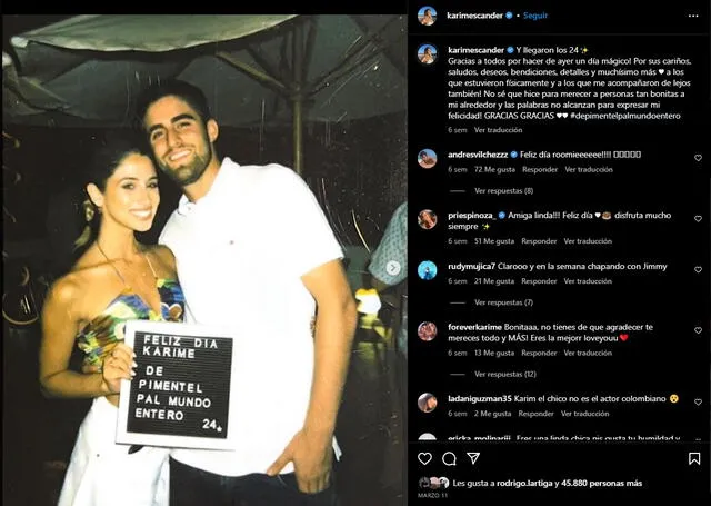 Karime feliz en celebración por su cumpleaños con su enamorado.   