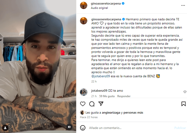 <em>Gino Assereto mostró su respaldo y amor por Jota Benz. Captura: Instagram </em>   