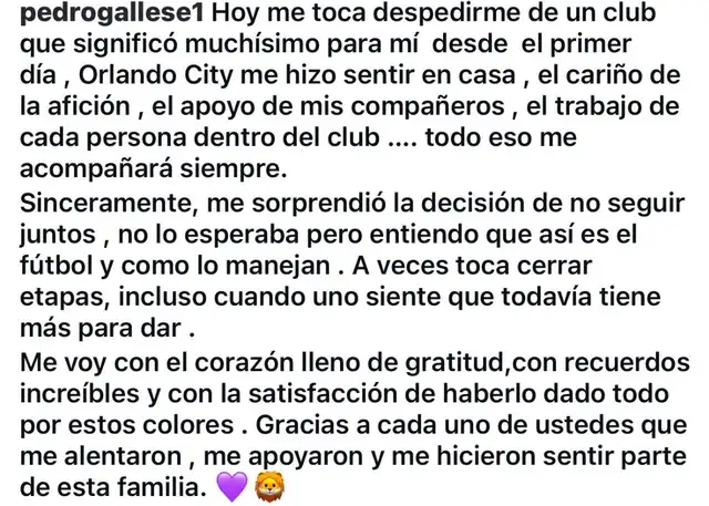 Mensaje de despedida de Pedro Gallese. Foto: Instagram Mensaje de despedida de Pedro Gallese. Foto: Instagram