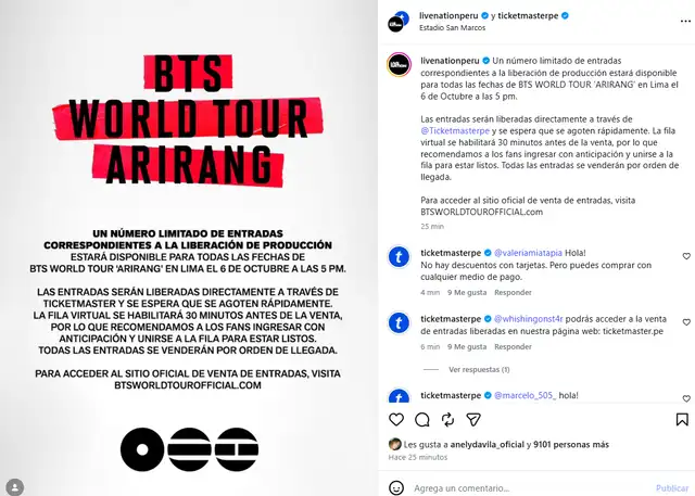 Aperturan HOY número de entradas LIMITADAS para las tres fechas de BTS en Perú: Link AQUÍ para adquirirlas