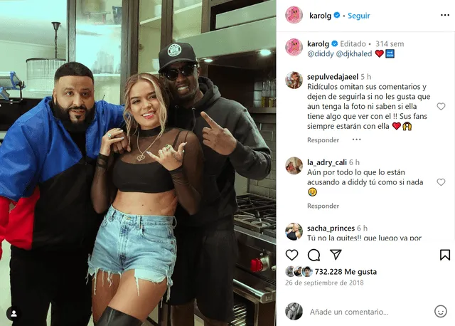 <em>Karol G publicó fotografía junto a Sean ‘Diddy’ Combs. Captura: Instagram</em>   