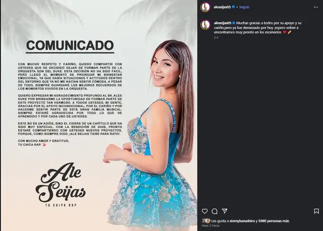 Ale Seijas anuncia su salida de Son del Duke a menos de un año de su ingreso.